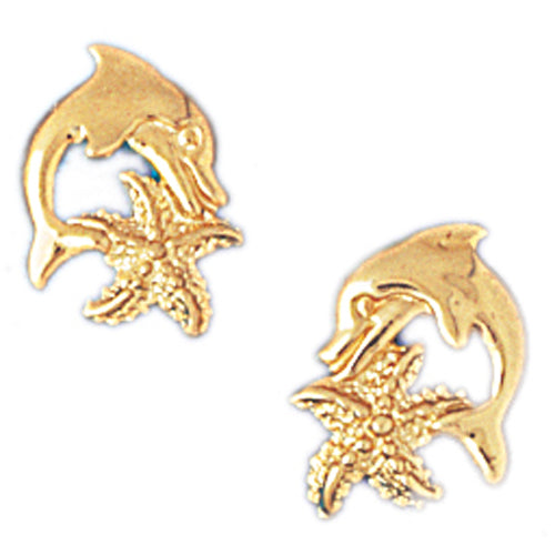 14k Yellow Gold Dolphin and Starfish Stud Earrings