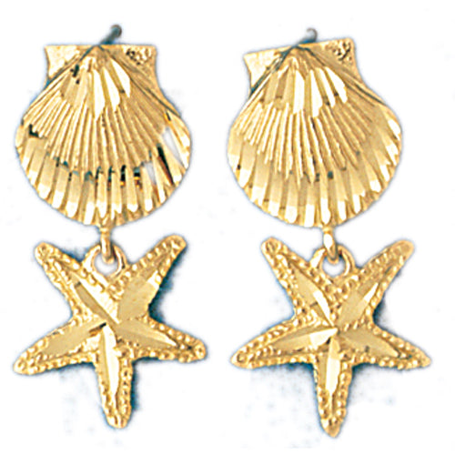 14k Yellow Gold Shell and Starfish Drop Earrings