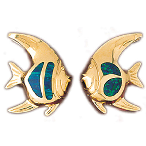 14k Yellow Gold 3-D Created Opal Fish Earrings
