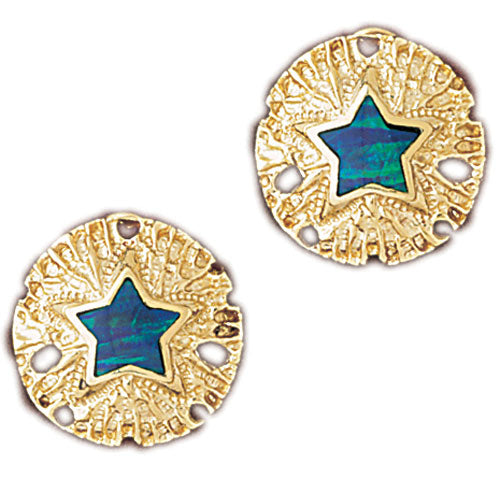 14k Yellow Gold Created Opal Sand Dollar Earrings
