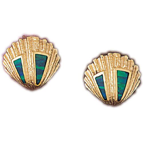 14k Yellow Gold Created Opal Sea Shell Earrings