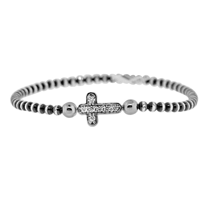 Sterling Silver Rhodium Plated and Small CZ Cross Stretchy Bracelet