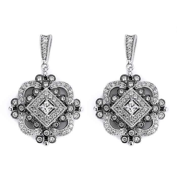 Sterling Silver Rhodium Plated and CZ Antique Dangle Earrings