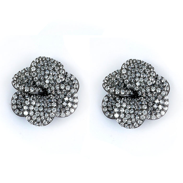Sterling Silver Rhodium Plated and micro-pave CZ Flower Stud Earrings