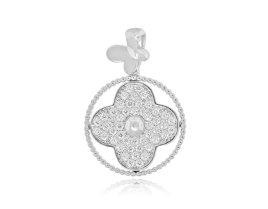 Sterling Silver Rhodium Plated with CZ Flower and Butterfly Pendant