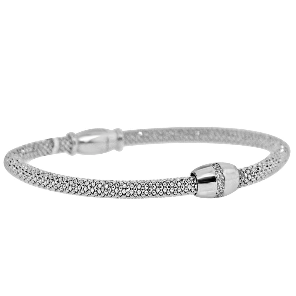 Sterling Silver Rhodium Plated and CZ Barrel Bangle