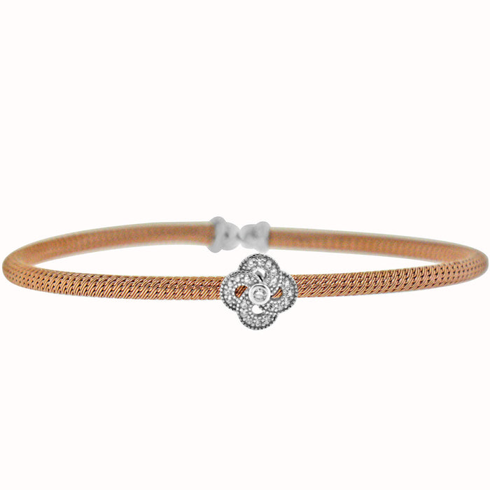 Sterling Silver Rhodium Plated with CZ Flower Slip On Bangle