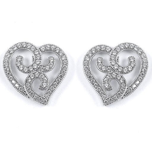 Sterling Silver Rhodium Plated and CZ Heart Stud Earrings