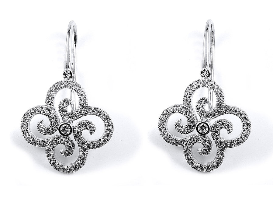 Sterling silver dangle flower earrings set with CZ and rhodium plating
