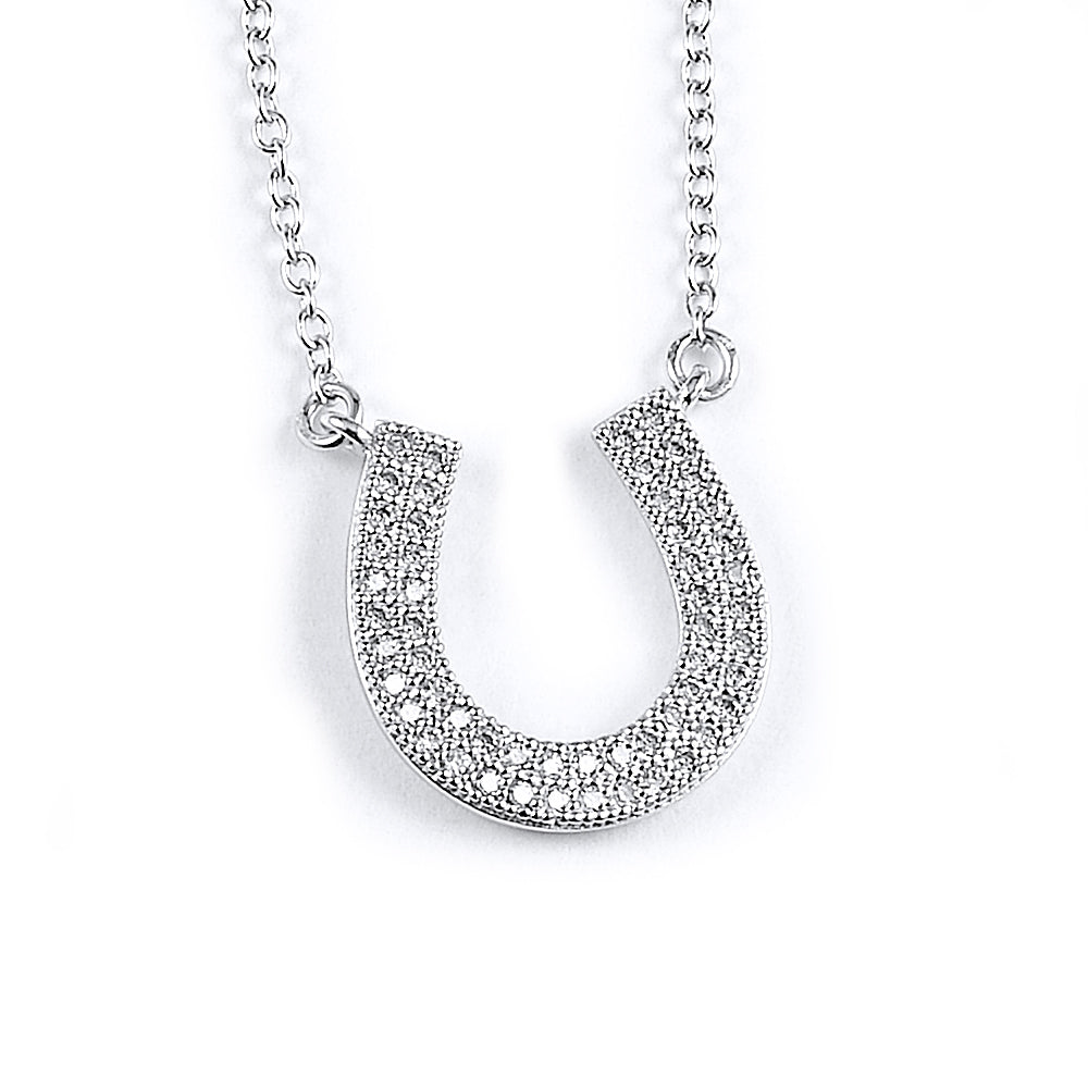 Sterling Silver Rhodium Plated and micro-pave CZ Horseshoe Necklace