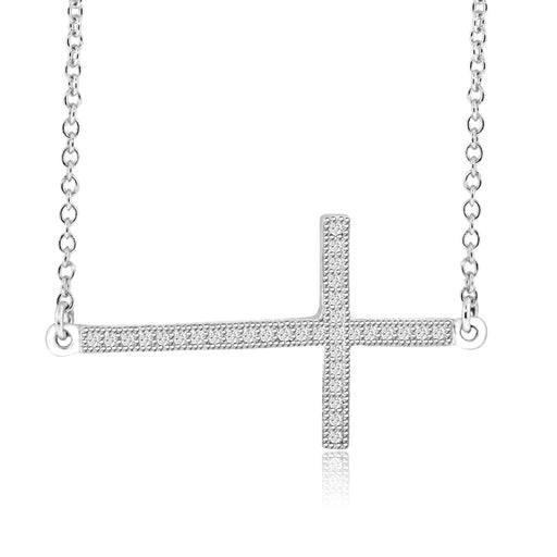 Sterling Silver Rhodium Plated and CZ Cross Necklace