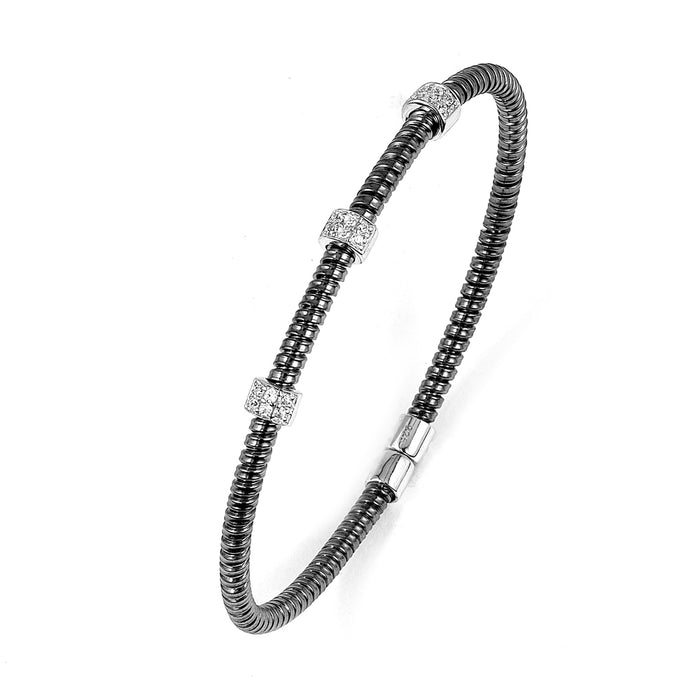 Sterling Silver Rhodium Plated and 3 stations of CZ Bangle
