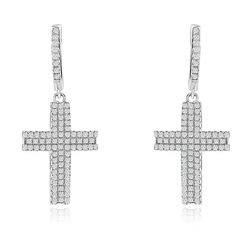 Sterling Silver Rhodium Plated and CZ Cross Earrings
