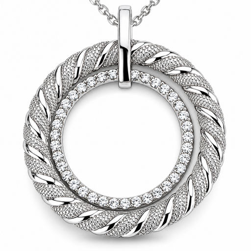 Sterling Silver Rhodium Plated and micro-pave CZ Circular Rope Pendant