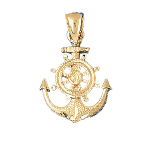 14k Yellow Gold Anchor with Ships Wheel Charm