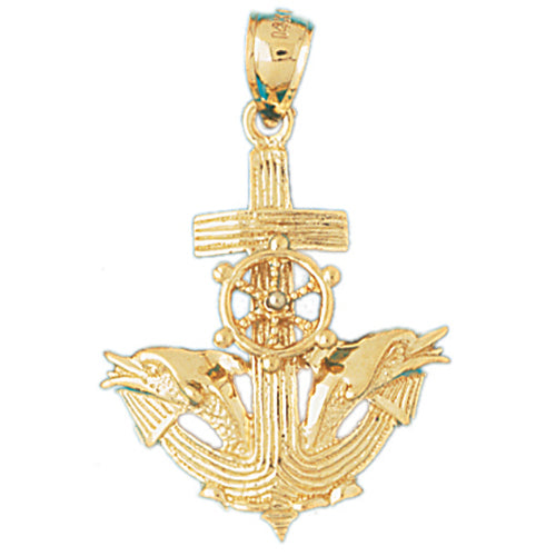 14k Yellow Gold Anchor with Dolphins and Moveable Ship Wheel Charm