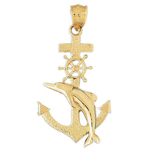 14k Yellow Gold Anchor with Dolphin and Ships Wheel Charm