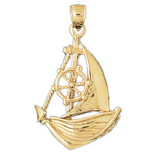 14k Yellow Gold Sailboat with Ships Wheel Charm