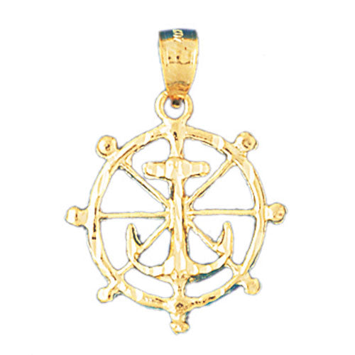 14k Yellow Gold Ships Wheel with Anchor Charm