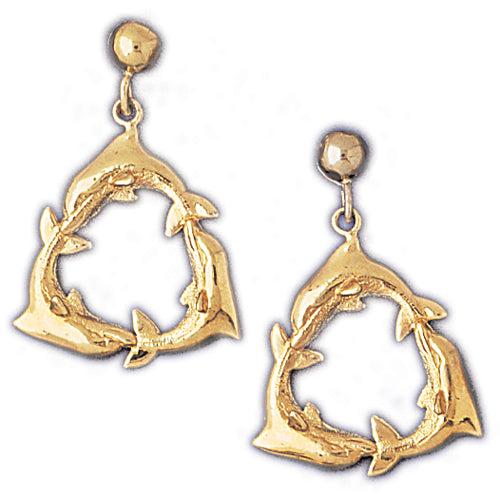 14k Yellow Gold Dolphins Dangle Earrings