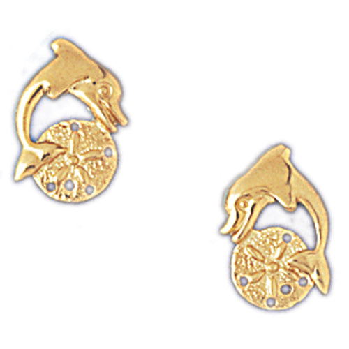 14k Yellow Gold Sand Dollar and Dolphin Stud Earrings