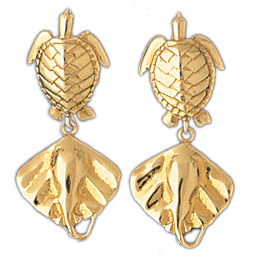 14k Yellow Gold Turtle and Stingray Drop Earrings