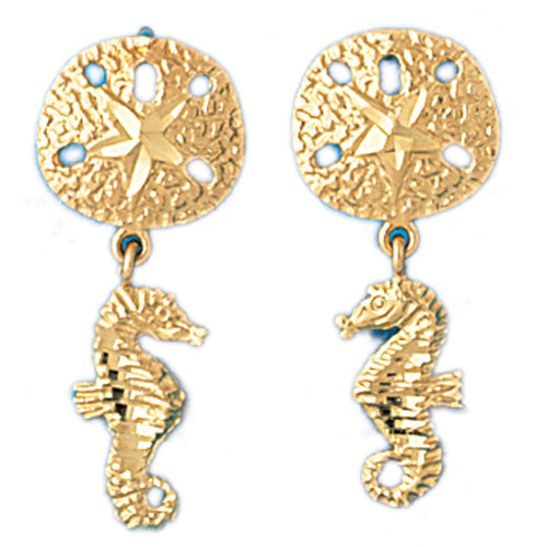 14k Yellow Gold Sand Dollar and Seahorse Drop Earrings