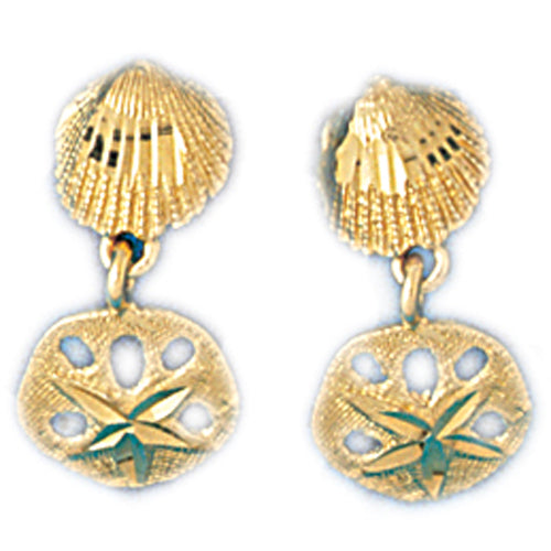 14k Yellow Gold Shell and Sand Dollar Drop Earrings