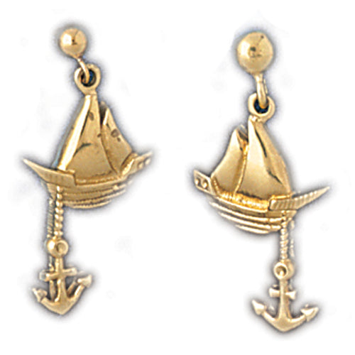 14k Yellow Gold Sailboat with Anchor Dangle Earrings