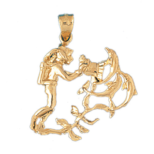 14k Yellow Gold Scuba Diver with Coral Charm