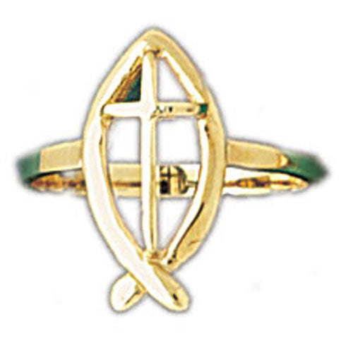 14k Yellow Gold Jesus Fish with a Cross Ring