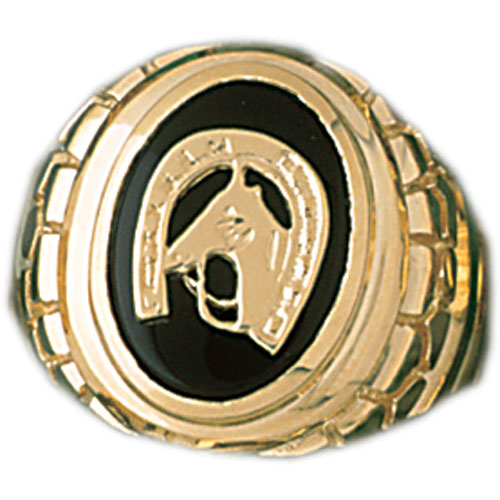14k Yellow Gold Horseshoe with a Horse Onyx Ring