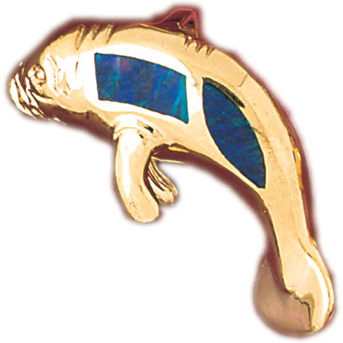 14k Yellow Gold Created Opal Whale Pendant