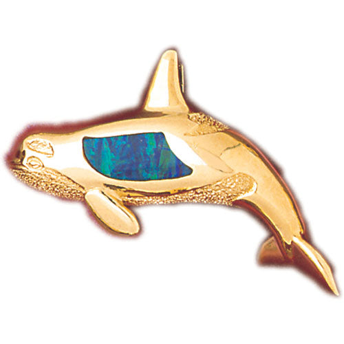 14k Yellow Gold Created Opal Whale Pendant