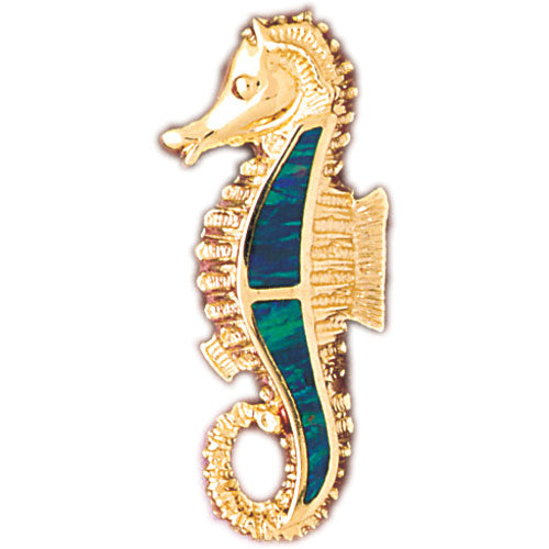 14k Yellow Gold Created Opal Seahorse Pendant