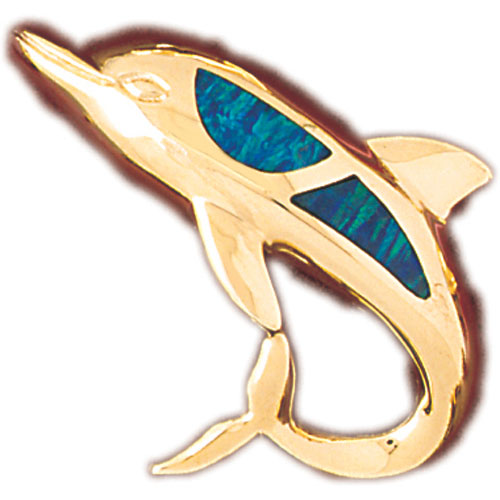 14k Yellow Gold Created Opal Dolphin Pendant