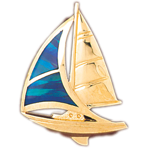 14k Yellow Gold Created Opal Sailboat Pendant