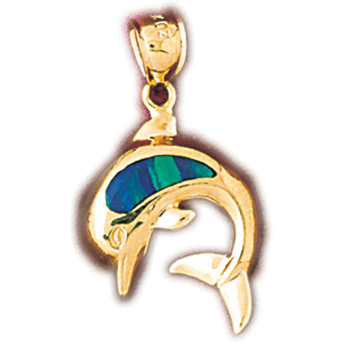 14k Yellow Gold Created Opal Dolphin Pendant