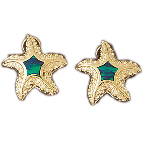 14k Yellow Gold Created Opal Starfish Earrings
