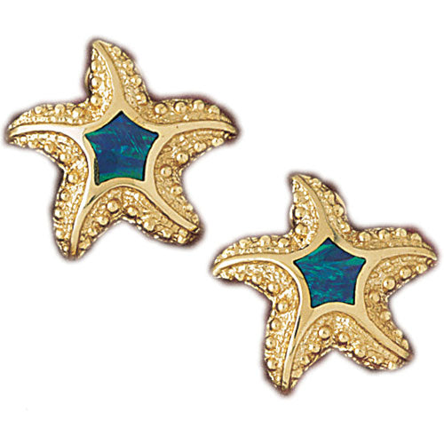 14k Yellow Gold Created Opal Starfish Earrings