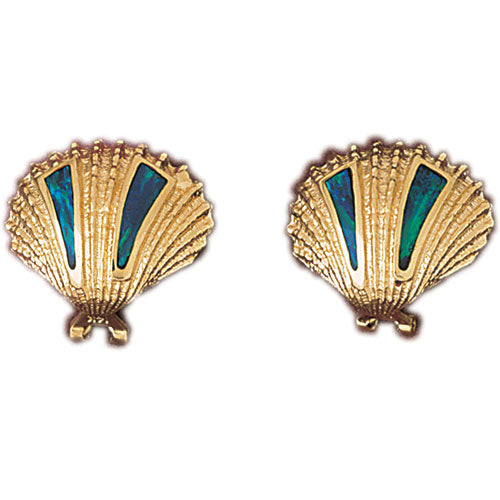 14k Yellow Gold Created Opal Sea Shell Earrings
