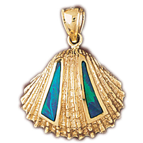 14k Yellow Gold Created Opal Sea Shell Pendant