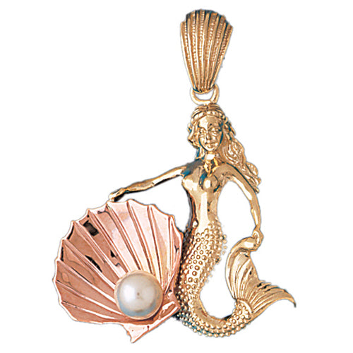 14k Gold Two Tone Mermaid with Shell and Pearl Charm