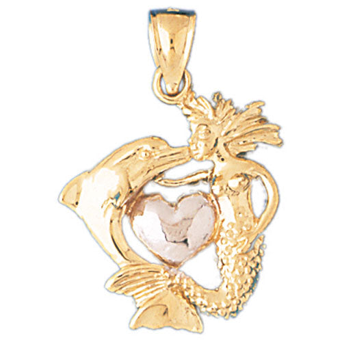 14k Gold 3-D Two Tone Mermaid, Dolphin, and Heart Charm