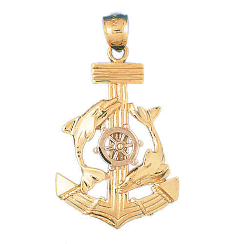 14k Gold Two Tone Anchor, Ships Wheel, and Dolphin Charm