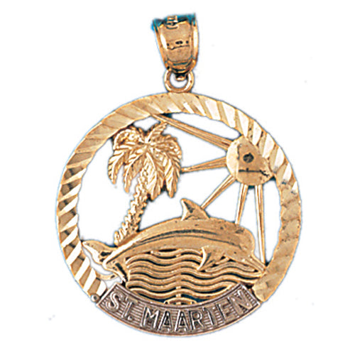 14k Gold Two Tone St. Marten Palm Tree and Dolphin Charm