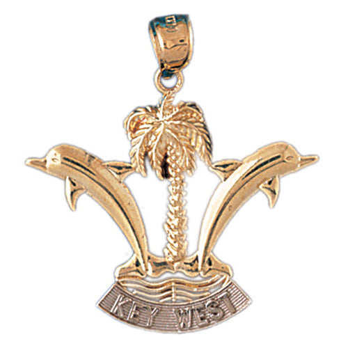 14k Gold Two Tone Key West Palm Trees with Dolphins Charm