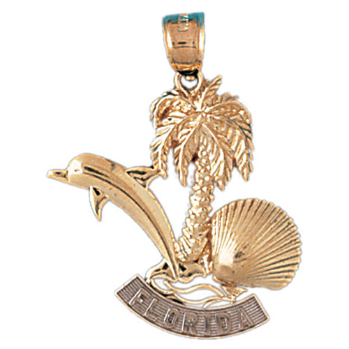 14k Gold Two Tone Florida Palm Tree, Dolphin, and Shells Charm