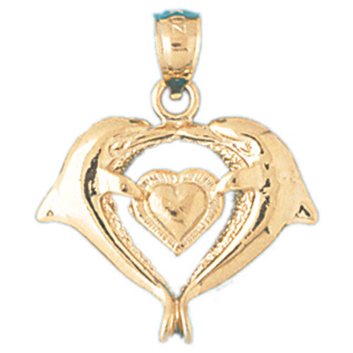 14k Yellow Gold Dolphins with Heart Charm