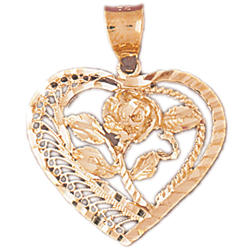 14k Yellow Gold Heart and Rose Charm